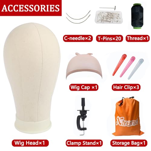 XTREND 21"-24" Canvas Block Mannequin Head for Making Weft/Wig/Hair Extension, Display Styling Mannequin With Wig Stand Set, Manikin Canvas Hair Accessories 22 Inch