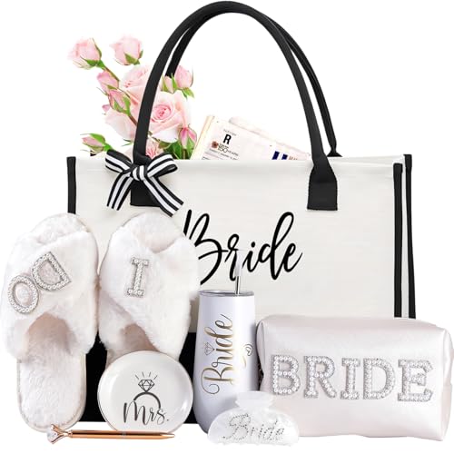 Bridal Shower Gifts?7-Piece Birde Gift Set with Tumbler, Tote, Slippers, Makeup Bag & More-Gift for Bride to be? Bachelorette Gifts for Her-Bridal Shower Decorations