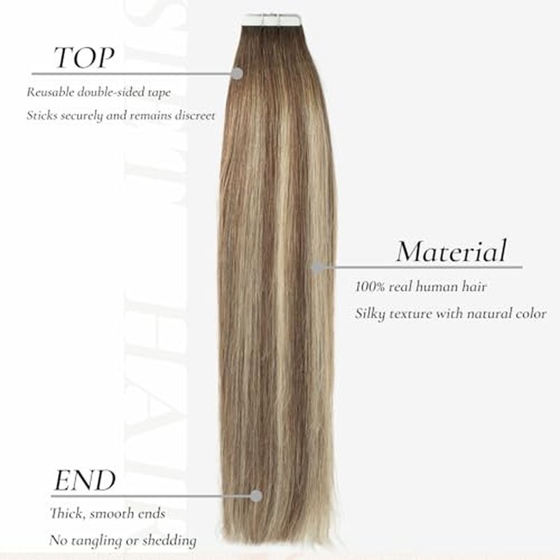Tape in Hair Extensions Human Hair, 20pcs 50g 22 Inch Tape in Hair Extensions, Balayage Walnut Brown To Ash Brown Mix Light Blonde,Invisible Remy Silky Straight Real Natural Thick Human Hair