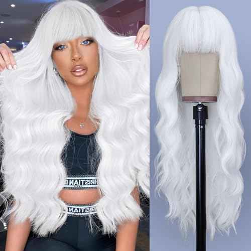 NAYOO White Wigs with Bangs - Long Curly Wavy Synthetic Fiber Wigs - Heat Resistant - 26 Inches