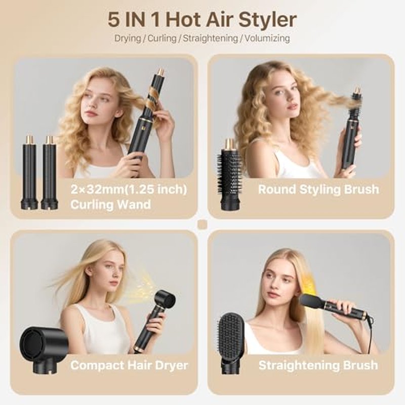 Sendowtek Hot Air Styler Brush Set for Women 5 in 1, 800W 3 Level Temp Hairdryer Comb for Rotating Curling Straightening Volumize Auto Wrap Curler Multi-Styler Hair Styling Tools for Multi Hair Home