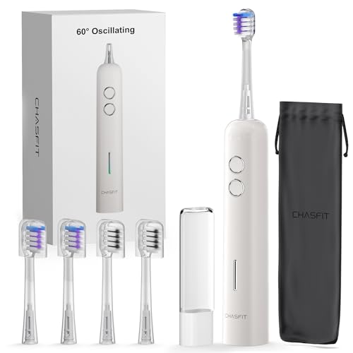 Electric Toothbrush Wave Oscillation & Vibration Sonic Tooth Brush for Adults BASS-Brushing Technique Travel Rechargeable Toothbrushes 4 Soft Bristle Replace Heads IPX7 Gifts for Men Women White