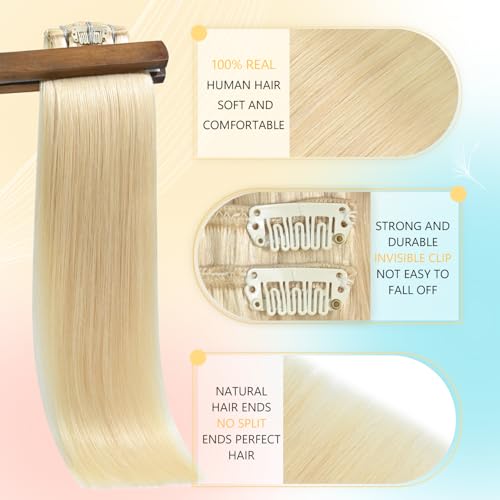 Newfeeling Clip in Hair Extensions Platinum Blonde Hair for women 75g Real Human Hair 15 Inch #60 Soft and Smooth Real Human HairExtensions Clip ins