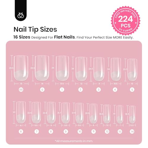 Beetles Tipex Nail Kit, Square Medium Nail Tips 224 Pcs 16 Sizes Pre-Etched Fake Nails with Tipex Nail Glue Mini Nail Lamp - Thick Acrylic Nail Set Pre-Builder Gel Press-on Nails