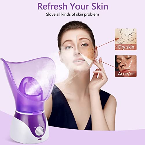 Facial Steamer - Nano Ionic Face Steamer for Deep Cleaning, Hot Mist Face Humidifier Set for Women & Men, Moisturizing Cleansing Pores with Blackhead Remover Kit, Purple