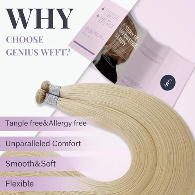 Fshine Genius Weft Human Hair Extensions Real Human Hair Sew in Hair Extensions for Women Human Hair Bundle One Piece Remy Human Hair Color 60 Platinum Blonde 22 Inch 60g