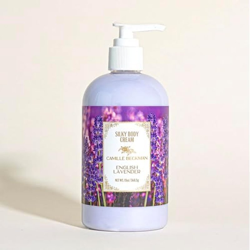 Camille Beckman English Lavender Scented Silky Body Cream, Daily Moisturizer for All Skin Types | Non-Greasy Vegan Formula to Nourish and Soften Hands and Body, 13 Ounce