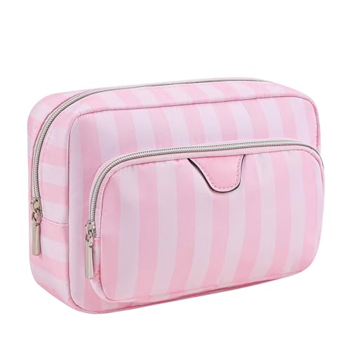 Waterproof Travel Makeup Bag, Aesthetic Nylon Striped Cosmetic Bag£¬Coquette Traveling Toiletry Bag With Zipper, Cosmetic Pouch for Women Purse, Ideal for Women and Girls(02 Compartments)
