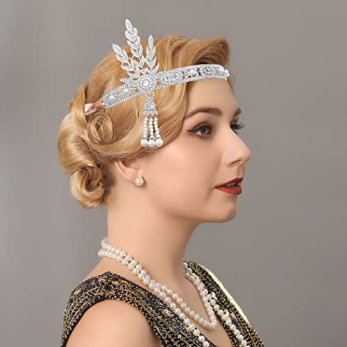 GORTIN 1920's Flapper Headband Inspired Leaf Headpiece Rhiestones Pearl Headdress Cocktail Party Bride Wedding Flapper Hair Accessories for Women and Girls (Silver)