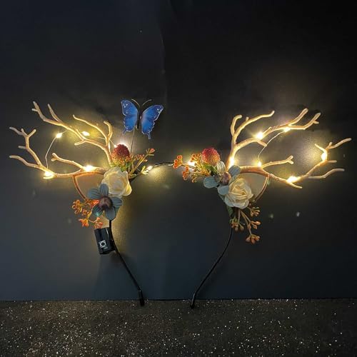 LED Christmas Headband Light up Deer Antlers Headpiece Reindeer Ears Headbands Holiday Headpiece Xmas Hair Accessories (Warm white light)