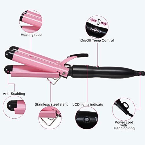 TOP4EVER 3 Barrel Curling Iron, 1 inch Crimper Hair Tool,Crimping Waver for Women Beach Waves with Two Temperature Settings, Pink