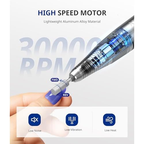 AIRSEE Rechargeable 30000RPM Electric Nail Drill Professional Portable E File Machine for Acrylic Nail Natural Extension Gel Nails Polish Cuticle, Cordless High Speed for Salon Home Use E8 White