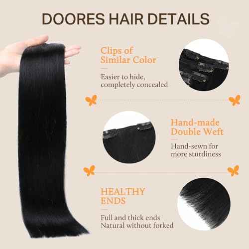 DOORES Clip in Hair Extensions Real Human Hair, Dark Brown 12 Inch 7pcs 80g, Remy Hair Extensions Clip in Human For Women Natural Silky Straight
