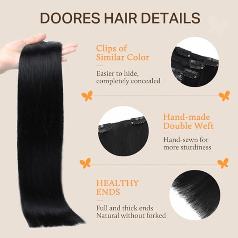 DOORES Clip in Hair Extensions Real Human Hair, Jet Black 150g 9pcs 20 Inch, Human Hair Extensions Remy Hair Extensions Human Hair Clip in Straight Thick Extensions Human Hair Natural