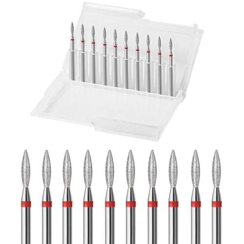 10pcs Diamond Flame Cuticle Drill Bits Set, Professional Cuticle Nail Drill Bits for Dead Skin 3/32'' Nails Dry Manicure Pedicure Shape Remove Nail Salon Tools(Fine-F)