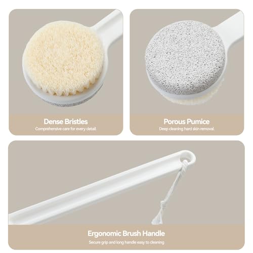 Foot Pumice Stone for Feet, 2 in 1 Foot Pumice Scrubber for Wet or Dry Brushing, Dead Skin Remover, Long Handle Foot Cleaning Brush for Senior, Pregnant, Disabled, or Injured, Box Packed(White)