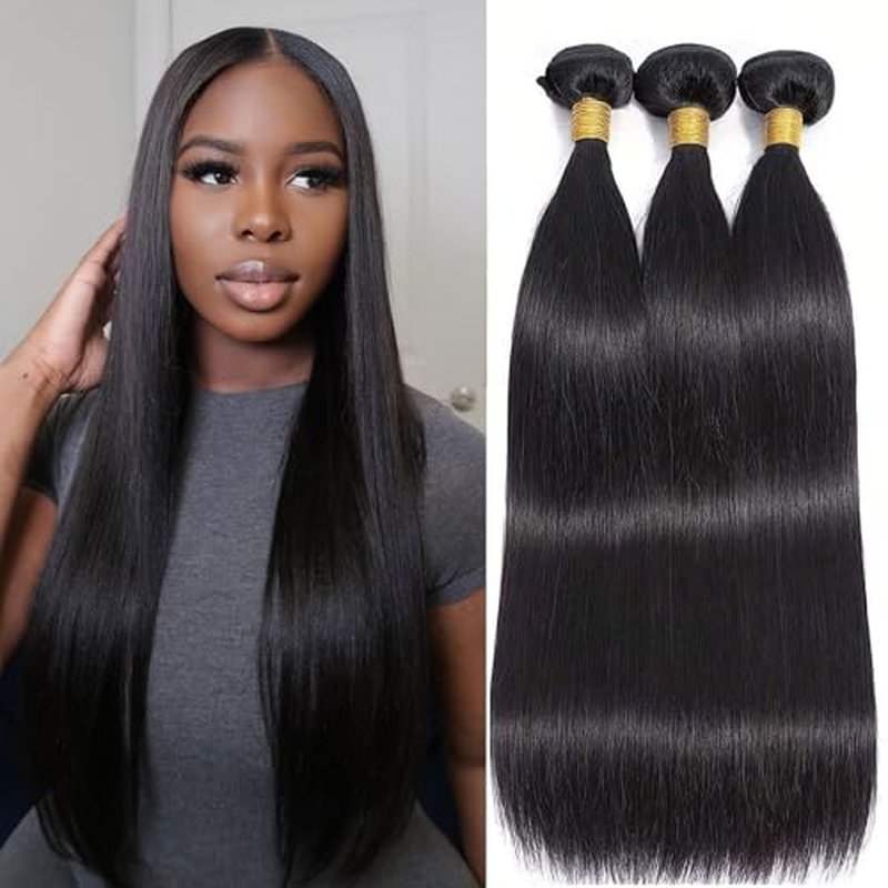 Straight Hair Bundles - 14 16 18 Inch | 100% Unprocessed Brazilian Virgin Human Hair | 3-Pack Quick Weave Bundles with Glossy Finish for Women