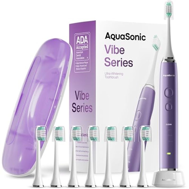 Aquasonic Vibe Series Ultra-Whitening Toothbrush ? ADA Accepted Electric Toothbrush - 8 Brush Heads & Travel Case ? 40,000 VPM Motor & Wireless Charging - 4 Modes w Smart Timer ? Satin Violet