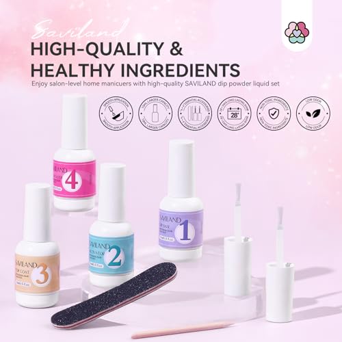 SAVILAND Dip Powder Liquid Set: 4 Pcs Nail Dip Liquid Set with HEMA-free Base Activator Top Coat and Brush Saver 15 ml/0.5 Fl.oz Dipping System Essentials No Curing Home Use DIY Salon Art