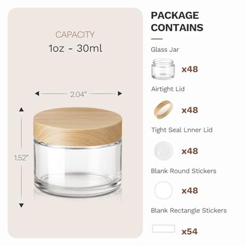 1 oz Glass Jars with Plastic Woodgrain Lids, Bumobum 48 pack Round Clear Cream Jars with Black and White Labels & Inner Liners, Empty Cosmetic Containers for Cream, Lotion, Ointment