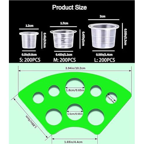 Tattoo Ink Caps Set, 600 Pieces Cups with 4 Green Cup Holders, Mixed Sizes Large Medium Small, Plastic Pigment Cups, Tattooing Machine Plastic Supplies Kit