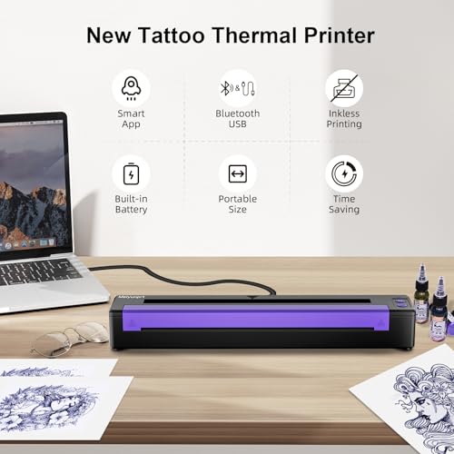 Tattoo Stencil Printer Bluetooth, Wireless Tattoo Printer Machine, Thermal Copier Printer with Transfer Paper, Tattoo Machine Kit for Tattoo Artists, Compatible with Android, iOS & Windows