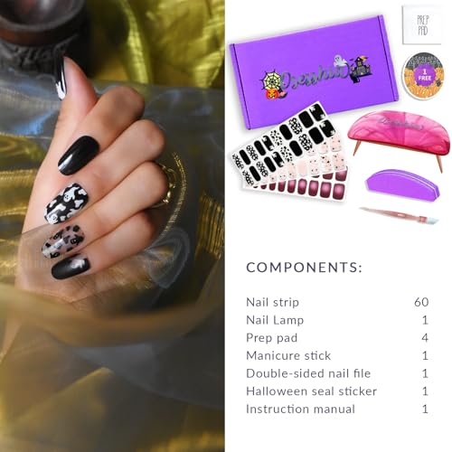 Semi Cured Gel Nail Strip Starter Kit, (Include 60 Pcs Nails Stickers, 1 UV Lamp and Nail Tools), Glaze Wraps, Long Lasting Polish Strips, Salon Quality Halloween Kit