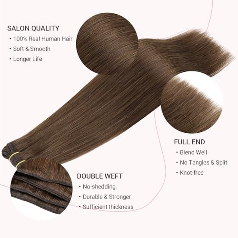 MAXITA Sew in Hair Extensions Real Human Hair, 20 inch 100g Chocolate Brown Remy Straight Human Hair Weft Extensions, Full Hair Double Weft Soft Sew in Extensions