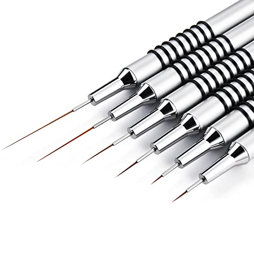 Nail Art Liner Brushes Set, 6Pcs Nail Art Design Brush Striping Thin Long Lines Dotting Drawing Pen, UV Gel Polish Painting Metal Handle Striper Brushes Size 5/7/9/11/20/25mm