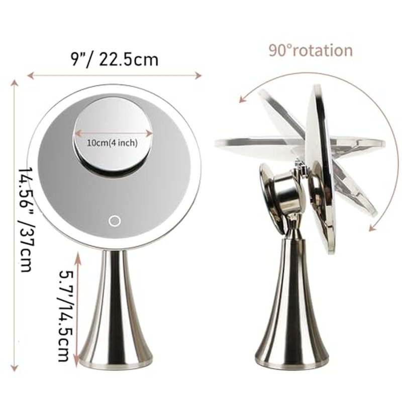 9inch Lighted Round Makeup Vanity Mirror, 5X/10X Dual Magnification with Ultra Bright LED Lights Beauty Mirror, Rechargeable, Cordless, Touch Control Adjustable Brightness, Brushed Stainless Steel
