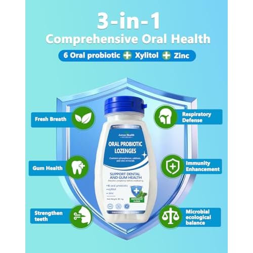 Oral Probiotics Lozenges for Mouth Bad Breath & Gum Repair - Mineral Fusion with Zinc + Calcium for Dry Mouth Relief, Enamel Shield, Mint Flavor with Xylitol - 180 Lozenges, Sugar-free