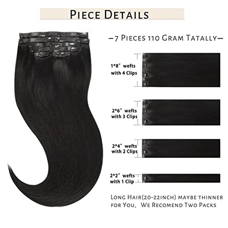 Caliee 18Inch Jet Black Seamless Human Hair Extensions Ultra Invisible Skin Weft Clip ins 7Pcs 110Gram Black Hair Extensions Remy Human Hair Full Head PU Clip on Straight Hair Extensions