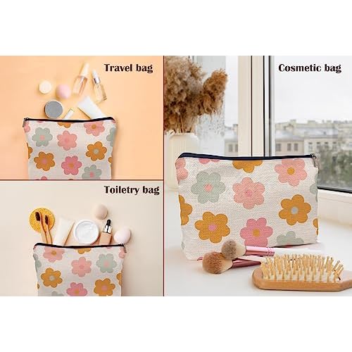 Retro Groovy 60s 70s Daisy Flowers Makeup Bag Cosmetic Bag Zipper Pouch Toiletry Bags,Groovy Gifts for Women Teen Girls Her