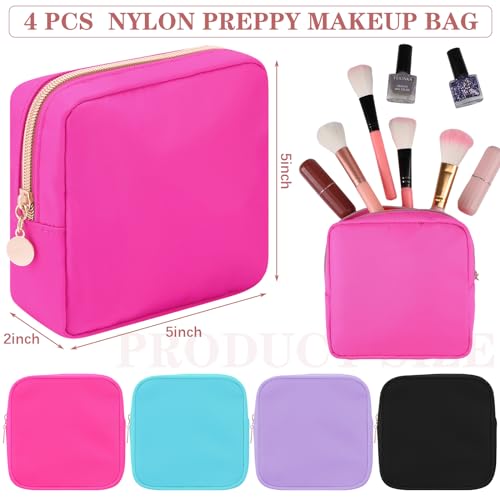 Hushee 4 Pcs Nylon Makeup Bag Preppy Zipper Pouch Waterproof Nylon Toiletry Storage Bag for Women(Mini,Black, Fuchsia, Mint, Grape)