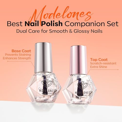 modelones 2 Pcs No Wipe Top Coat and Base Coat Nail Polish Set, Clear Quick Dry Nail Polish High Shine Long Lasting Glossy Regular Nail Lacquer Air Dry Fast Base Top Coat Gifts for Women Nail Art 5 ML