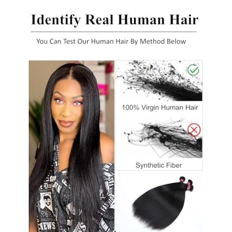 KLAIYI Yaki Straight Bundles Human Hair Weaves Unprocessed Real Virgin Hair Sew In Extensions 3 Bundles 8 10 12 Inch, 12A Kinky Straight Double Wefts for Women Cllip In Light Yaki Natural Black Color