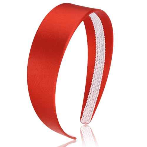 AHONEY Red Headband for Women Girls Satin Silk Headband Non Slip 1.57" Wide Plain Head Band Solid Hair Band DIY Halloween Costume Holiday Christmas Hair Accessories Gifts