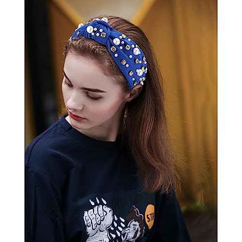 Knotted Headbands with Pearl Rhinestone Royal Blue Womens Headbands Wide Top Knot Headbands Beaded Headband Crystal Jeweled Head Bands for Women's Hair Embellished Headbands Non Slip Sparkly Hair Bands Fashion Hair Accessories for Girls Gifts