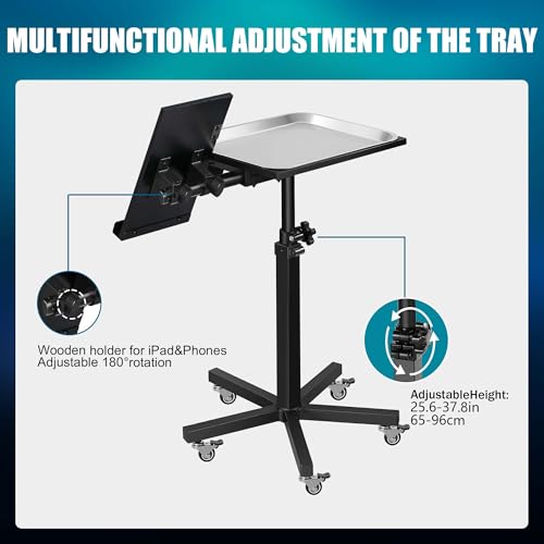 POARMEEY Mobile Tattoo Tray Cart with Wheels, Height Adjustable Stand, Removable Steel Tray, Rolling Tray for Salon and SPA Use