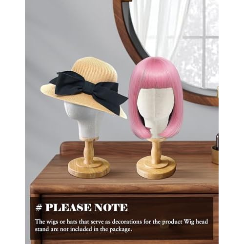 CHADWICK Wig Head Stand Mannequin Head Hat Display Stand Linen Wig Holder, Hat Rack Fabric Head, Canvas Dome + Detachable Wood Stand, Wig Display Model Head Wig Stand for Wigs, Hats, Caps, Headdress