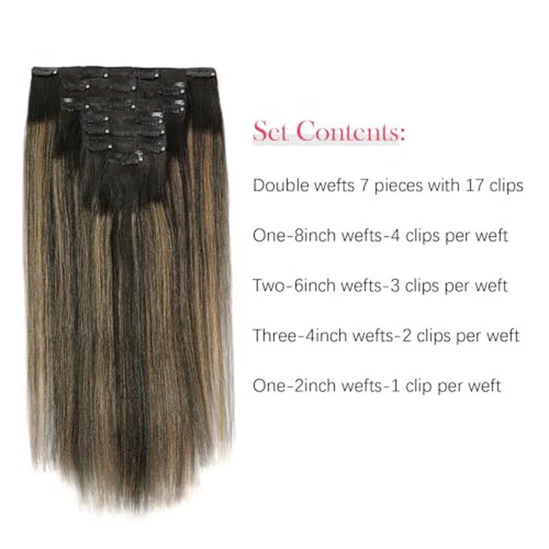 Sassina Yaki Clip in Hair Extensions Human Hair for Black Women Invisible Clip in Human Hair Extensions Natural Black to Strawberry Blonde Real Remy Human Hair 7Pcs 20Inch 120 Grams