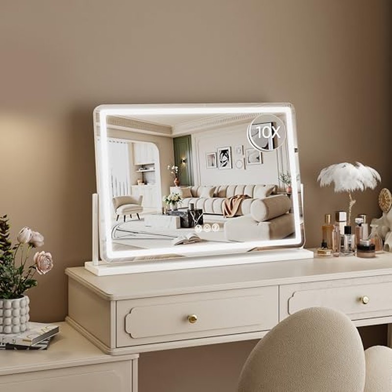 Vanity Mirror with Lights, 32"x22" Hollywood Lighted Makeup Mirror for Tabletop & Bedroom 3 Color Lighting Modes Smart Touch Control 360¡Æ Rotation Detachable