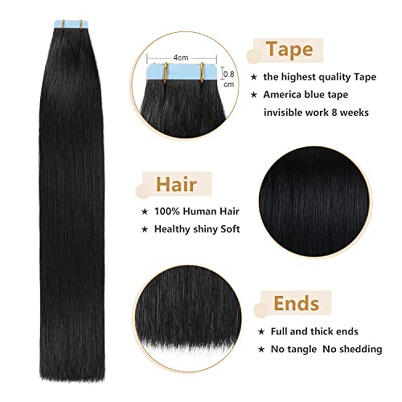 YILITE Jet Black Tape in Hair Extensions Human Hair 26inch #1 20pcs 60g/pack Straight Tape in Human Hair Extensions,Seamless Skin Weft Jet Black Tape ins (26Inch Jet Black #1)