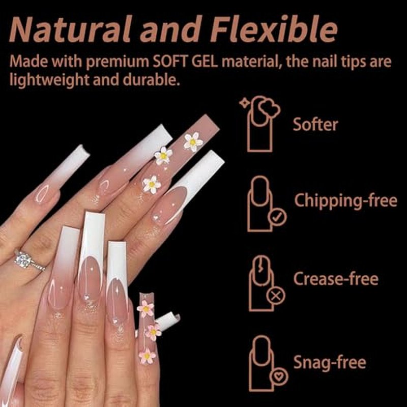 240Pcs Square Soft Gel Nail Tips, Long Square Nails, 12 Sizes Full Cover Acrylic Fake Nails Straight Clear False Nail Extension for Beginner and Professional Home Salon DIY