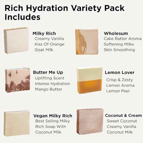 Sumbody USA Made Handmade Soap Bar (6pk) Rich Hydration Dry, Sensitive Skin, Moisturizing Soap For Face, Hands, Body Self Care Gift Set Men & Women - Goat Milk Citrus Vanilla Coconut Variety Pack