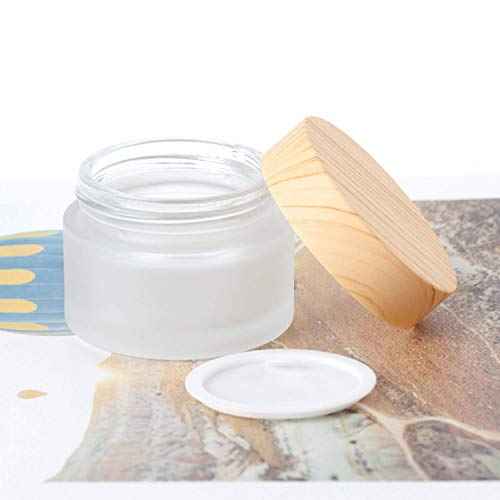 50 Gram/50 ml Empty Sample Jars Round Frosted Glass Bottle Cosmetic Cream Jar Wood Grain Lid Cosmetic Container Glass Cream Box Refillable Cream Pot Jars for Lip Balm Lotion Eyeshadow,4 Pack