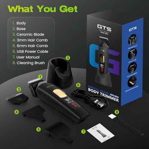 Electric Body Hair Trimmer for Men - Multi-Angle Ceramic Blade with LED Screen & 7000RPM Adjustable Speed, IPX6 Waterproof Pubic/Ball/Groin Shaver Kit, USB/Dock Charging, 90min Runtime, Box