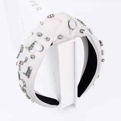 Crystal Knotted Headbands for Women Let's Go Girls Turquoise Cowgirl Boot Headband Rhinestone Embellished Top Knot Hairband Western Country Cowboy Shoe Wide Turban Hair Hoop (D White Cowgirl Boot)