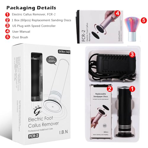 Upgraded Electric Callus Remover for Feet 1200RPM, Adjustable Speed Professional Electric Foot Sander Foot Grinder Heel File Pedicure Tool for Women Men Cracked Dead Skin, 60 Sandpaper Discs, Black