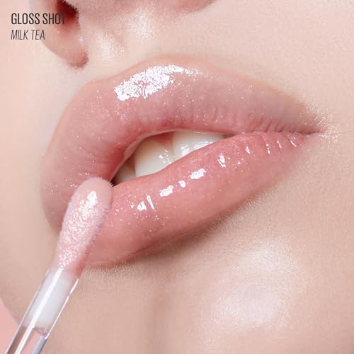 Kaja Lip Gloss - Gloss Shot | with Jojoba Oil, Tinted Shimmer, Hydrating, Non-sticky, Juicy, Nude, Plumper Looking Lips, 02 Milk Tea, 0.14 Fl Oz